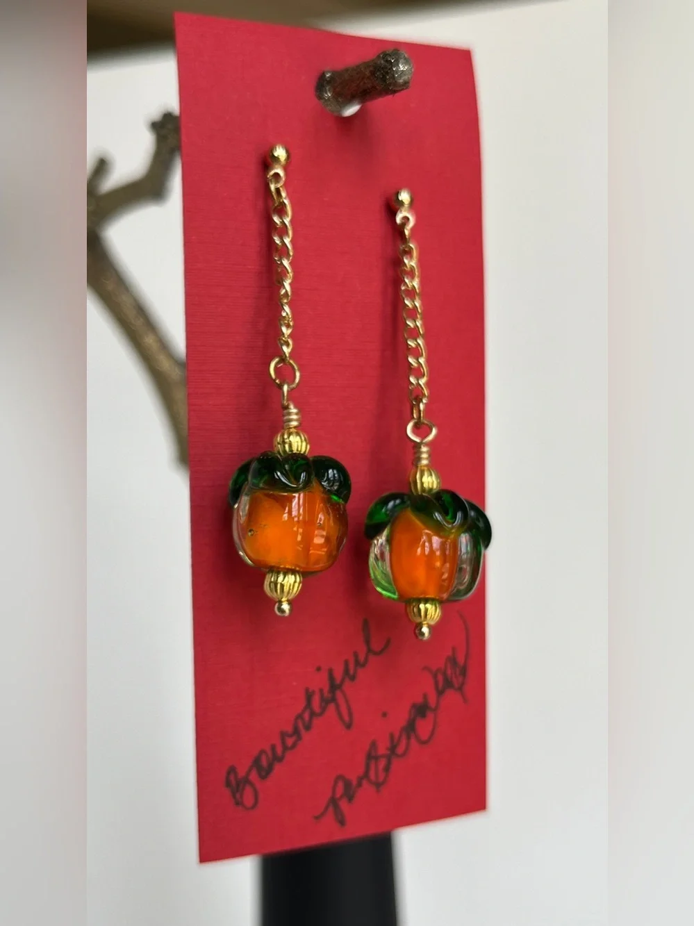 Hand Crafted Gold Chain Drop Earrings with Orange and Green Glass Persimmons